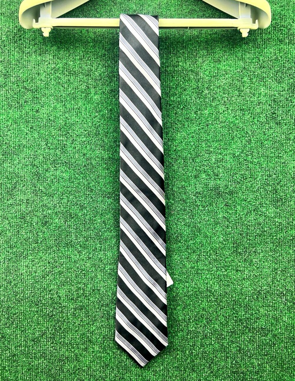 Chaps Men's Striped Pointed Tie Logo Accent Black Gray White